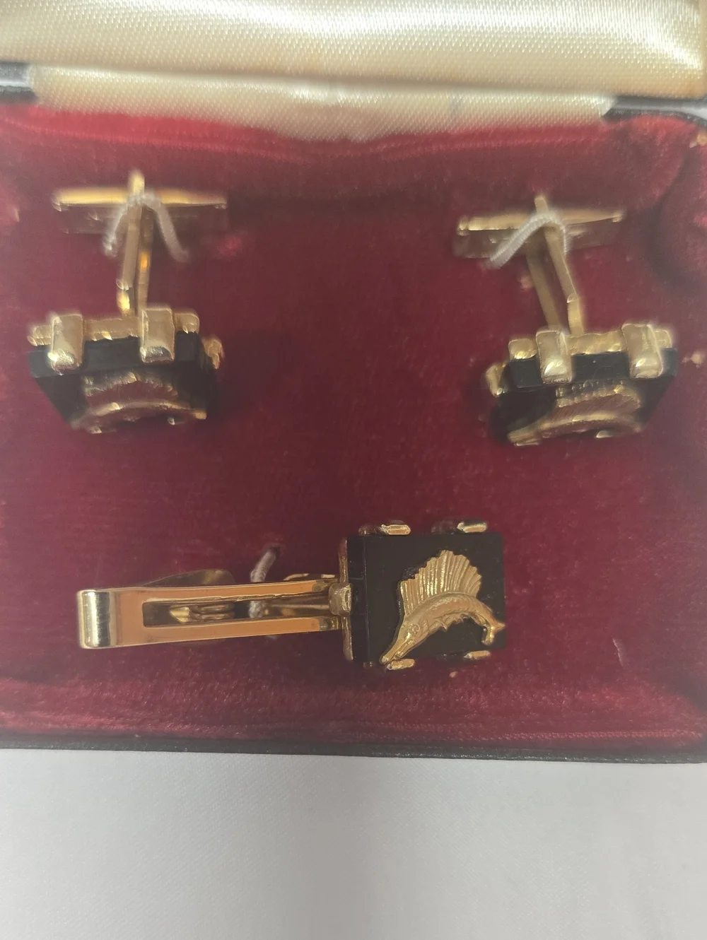 Royal Black and Gold Sailfish Cufflinks with Matching Tie Clip Set for Men